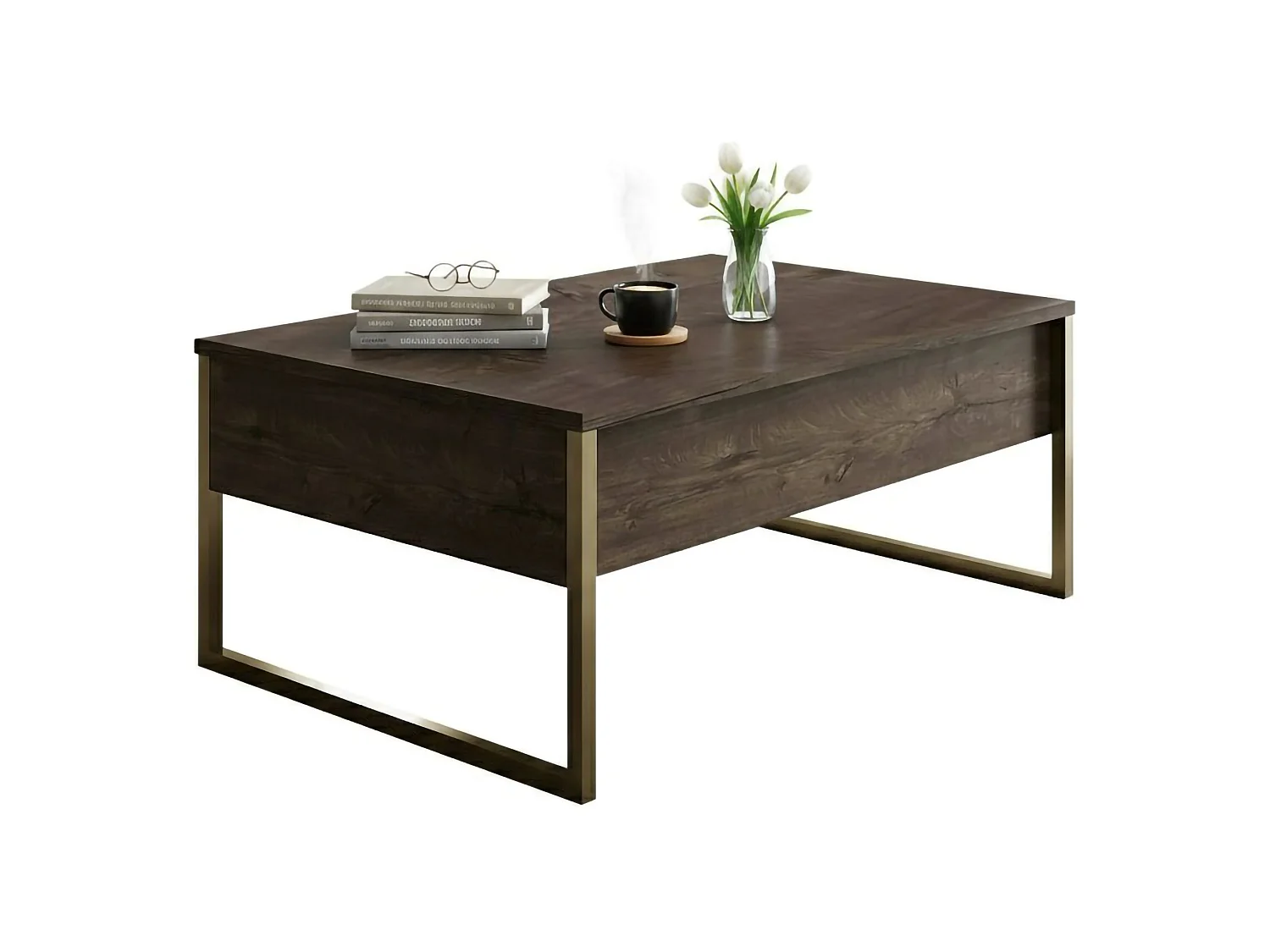 Mesa de café Dgiagnon, Mesa de café, Porta-revistas pEr sofá, prateleira de sala de estar, 90x60h40 cm, nogueira e ouro