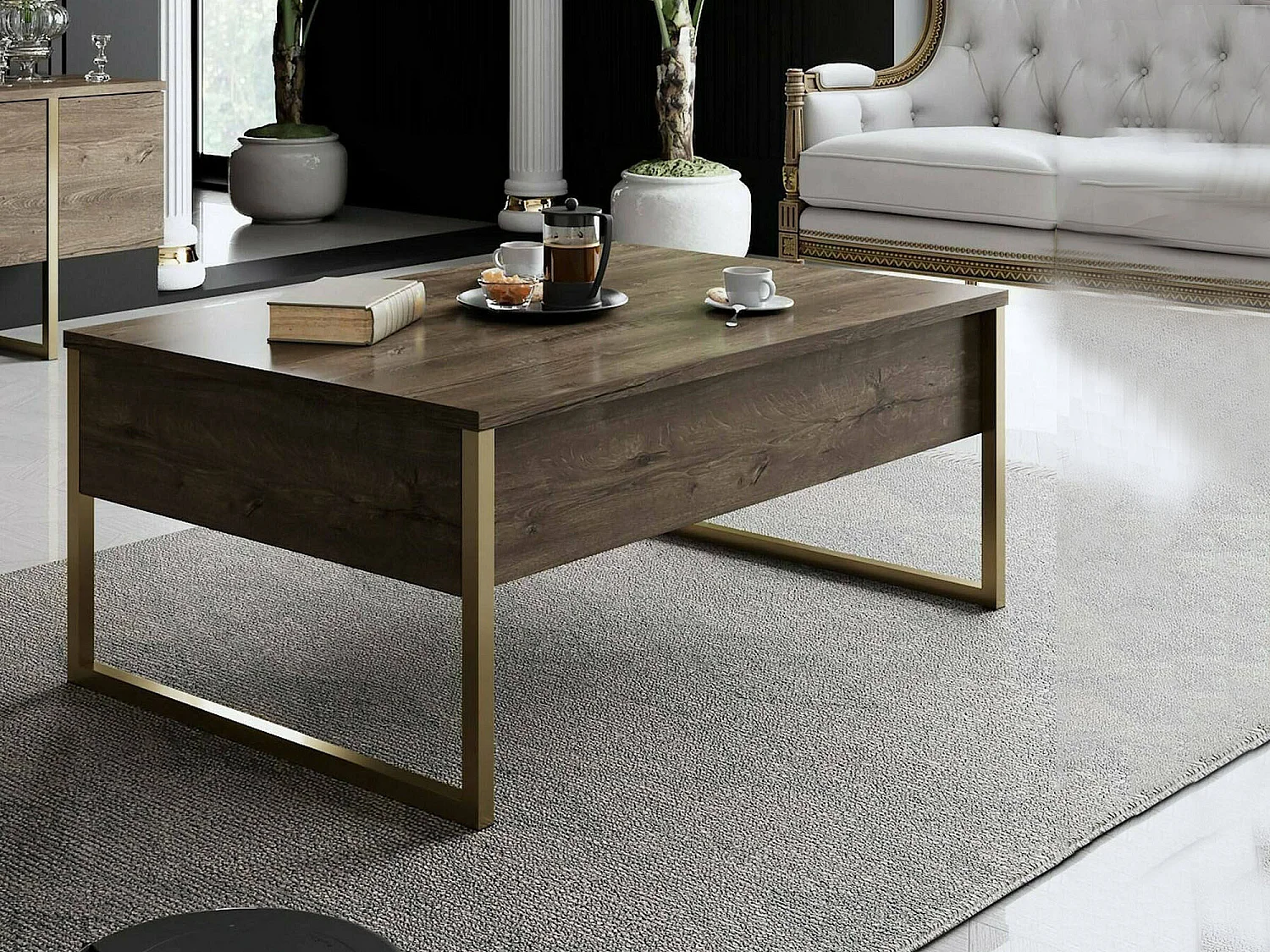 Mesa de café Dgiagnon, Mesa de café, Porta-revistas pEr sofá, prateleira de sala de estar, 90x60h40 cm, nogueira e ouro