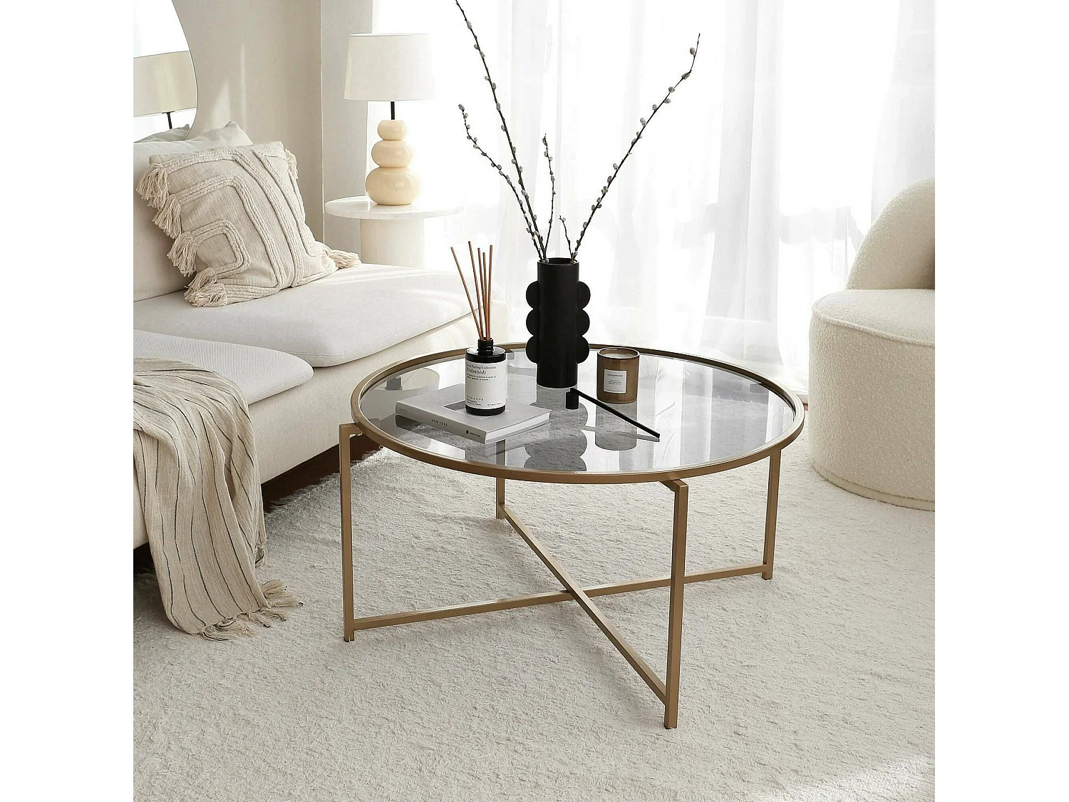 Dmora - Tavolino da salotto Ecaterina, 83x83h40 cm, Oro e Tortora