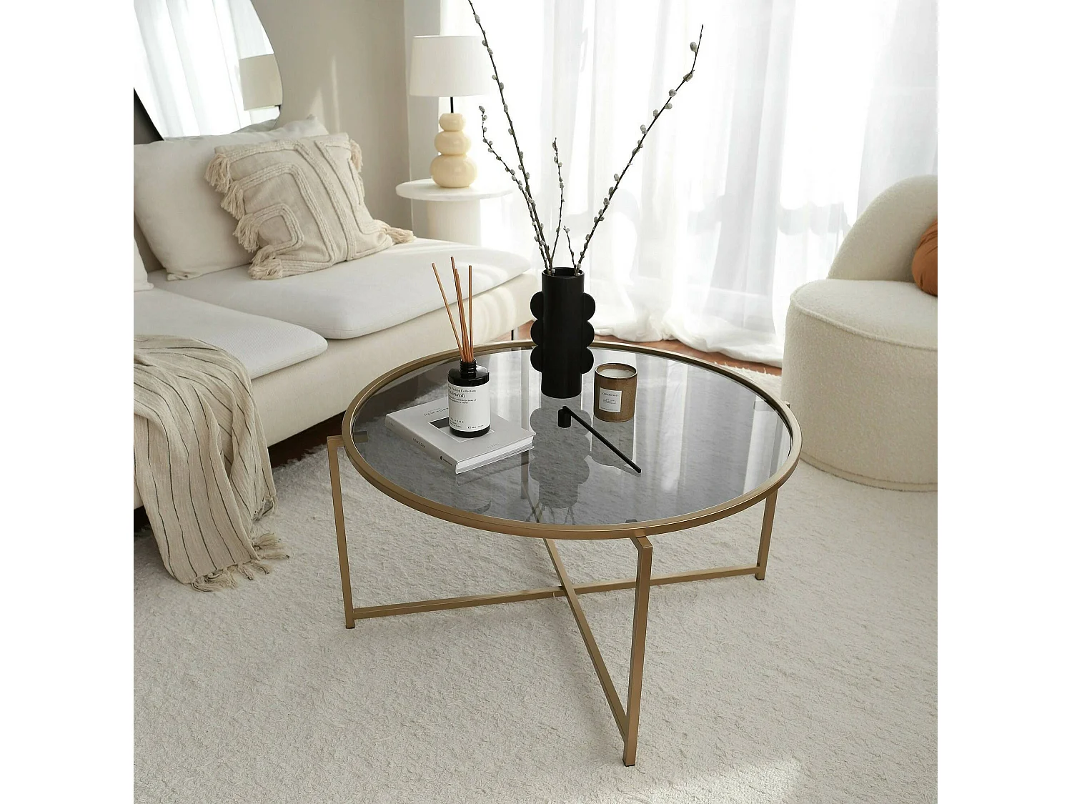 Dmora - Tavolino da salotto Ecaterina, 83x83h40 cm, Oro e Tortora