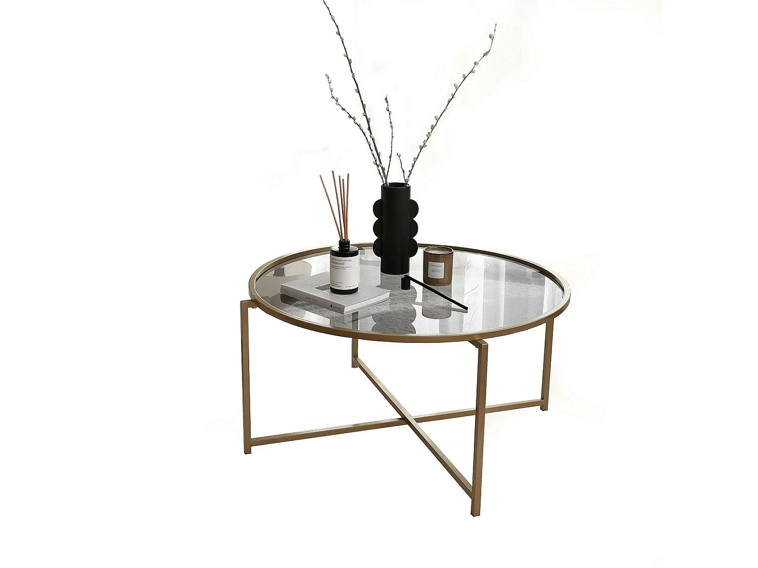 Table basse Cursa, Table basse, Porte-revues pour canapé, Etagère de salon, 83x83h40 cm, Or et Taupe