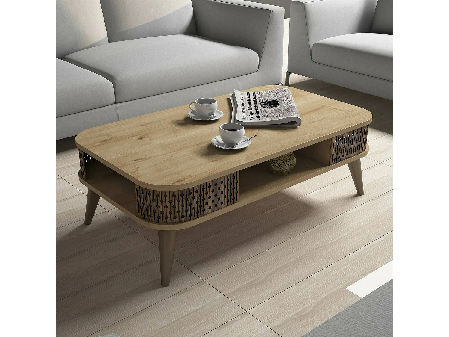 Table basse Kocab, Table basse, Porte-revues pour canapé, Etagère de salon, 105x60h35 cm, Chêne