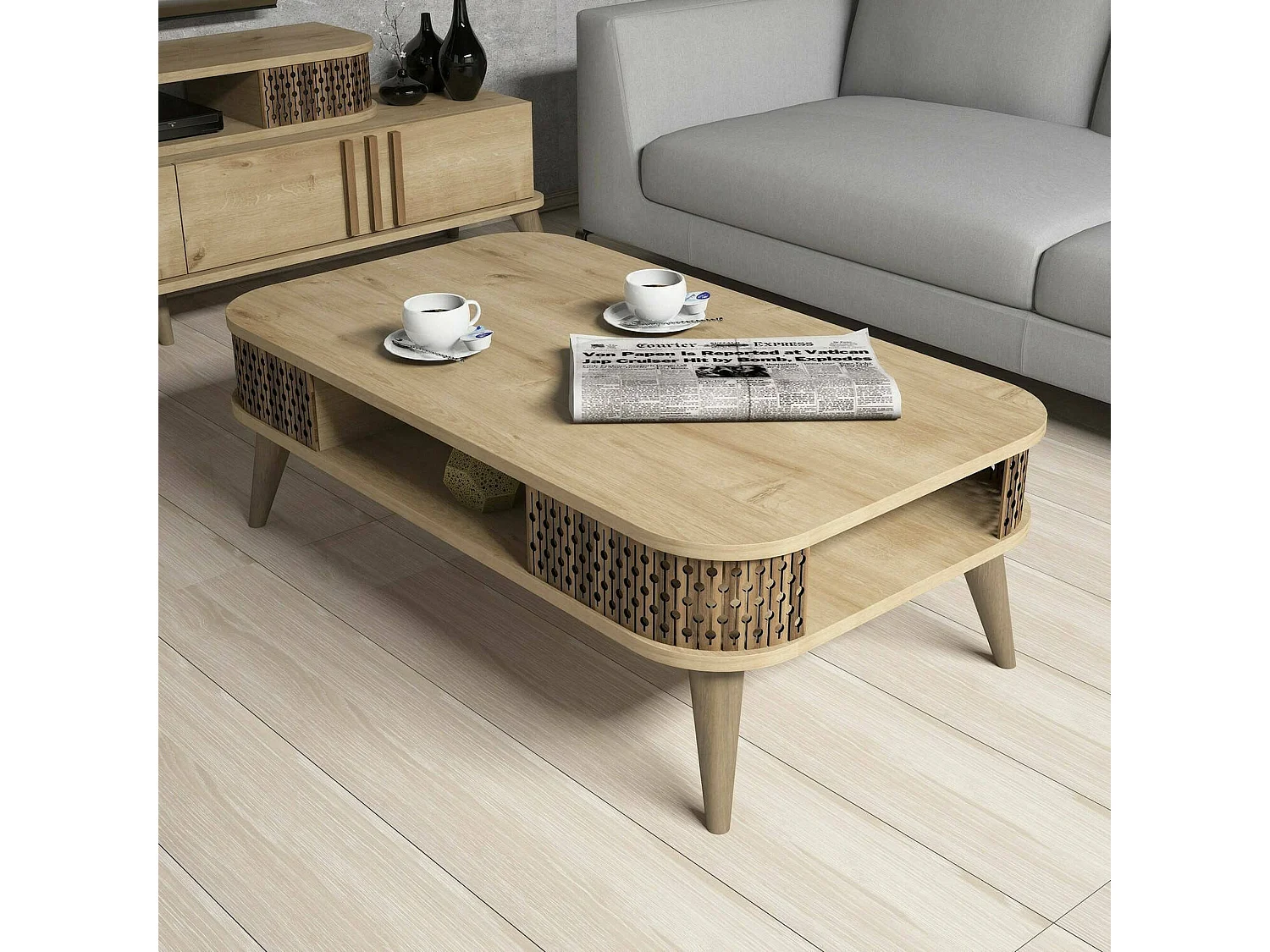 Wohnzimmertisch Dmoll, Niedriger Wohnzimmertisch, Kaffeeregal, Couchtisch für Sofa, 105x60h35 cm, Eiche