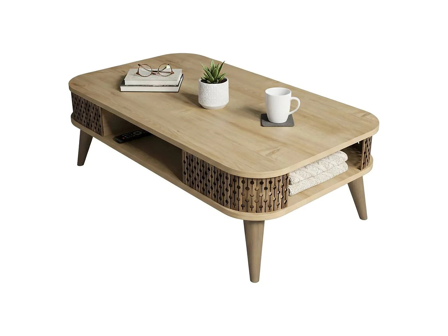 Table basse Kocab, Table basse, Porte-revues pour canapé, Etagère de salon, 105x60h35 cm, Chêne