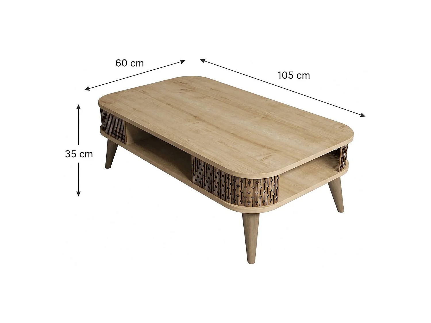 Table basse Kocab, Table basse, Porte-revues pour canapé, Etagère de salon, 105x60h35 cm, Chêne