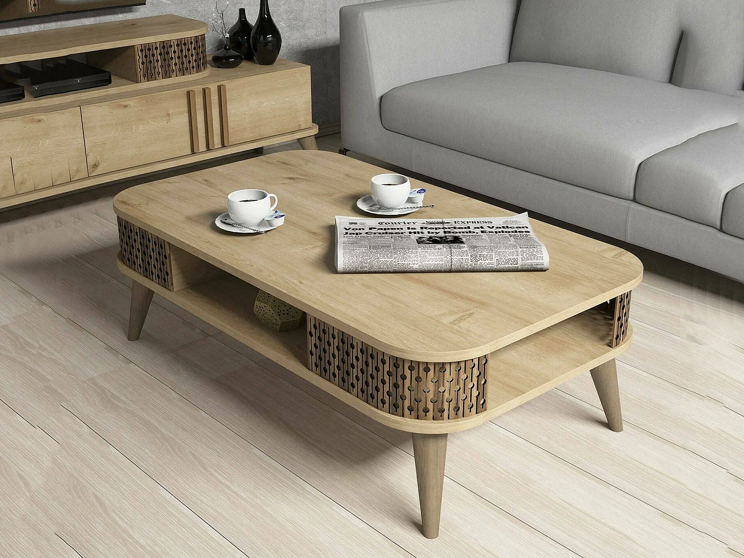 Table basse Kocab, Table basse, Porte-revues pour canapé, Etagère de salon, 105x60h35 cm, Chêne