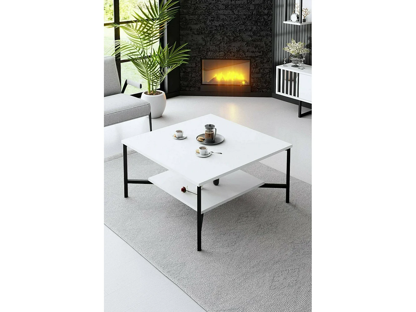 Wohnzimmertisch Dichiar, Niedriger Wohnzimmertisch, Kaffeeregal, Couchtisch für Sofa, 80x80h40 cm, WeiÃŸ und Schwarz