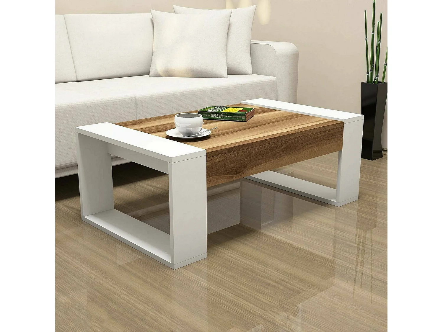 Table basse Kekouan, Table basse, Porte-revues pour canapé, Etagère de salon, 102x60h38 cm, Noyer et Blanc