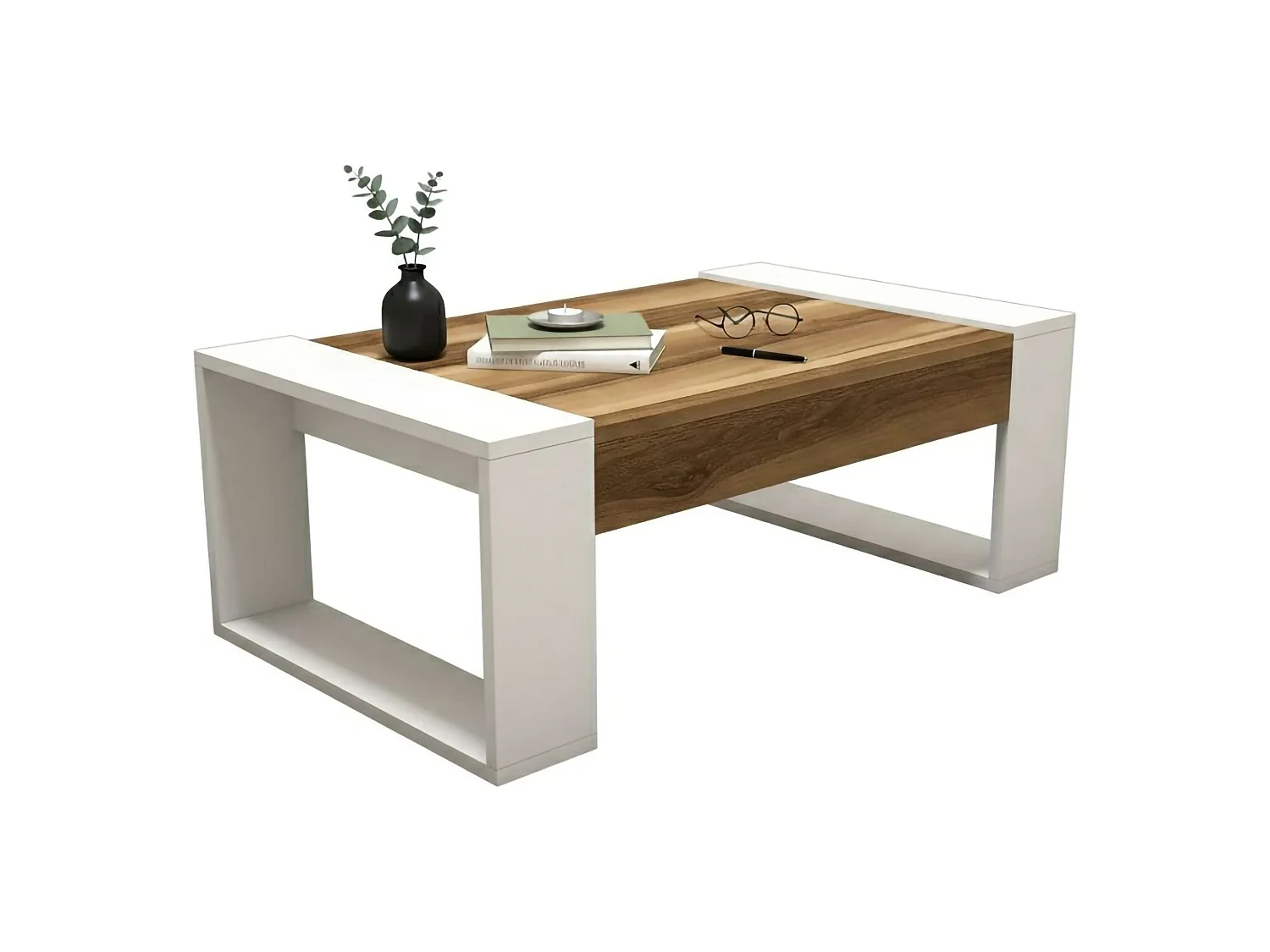 Mesa de salOito Dmilanes, Mesa de café, Porta-revistas para sofá, Prateleira de sala, 102x60h38 cm, Nogueira e Branco