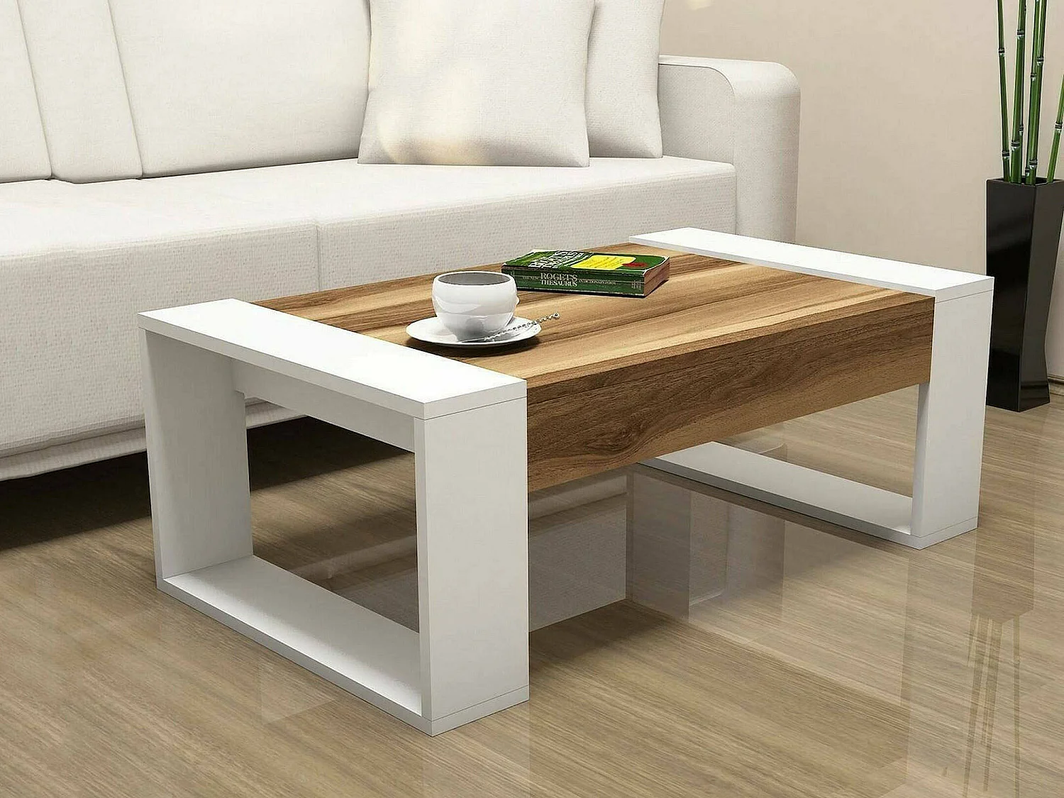 Mesa de salOito Dmilanes, Mesa de café, Porta-revistas para sofá, Prateleira de sala, 102x60h38 cm, Nogueira e Branco