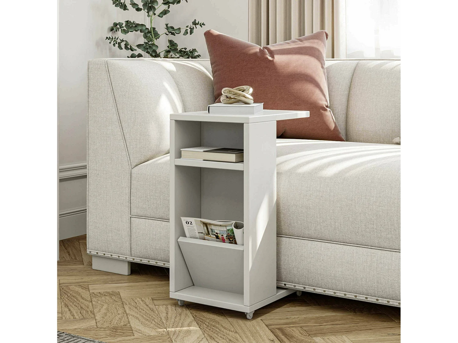 Table basse Belel, Table basse, Porte-revues pour canapé, Etagère de salon, 30x40h63 cm, Blanc