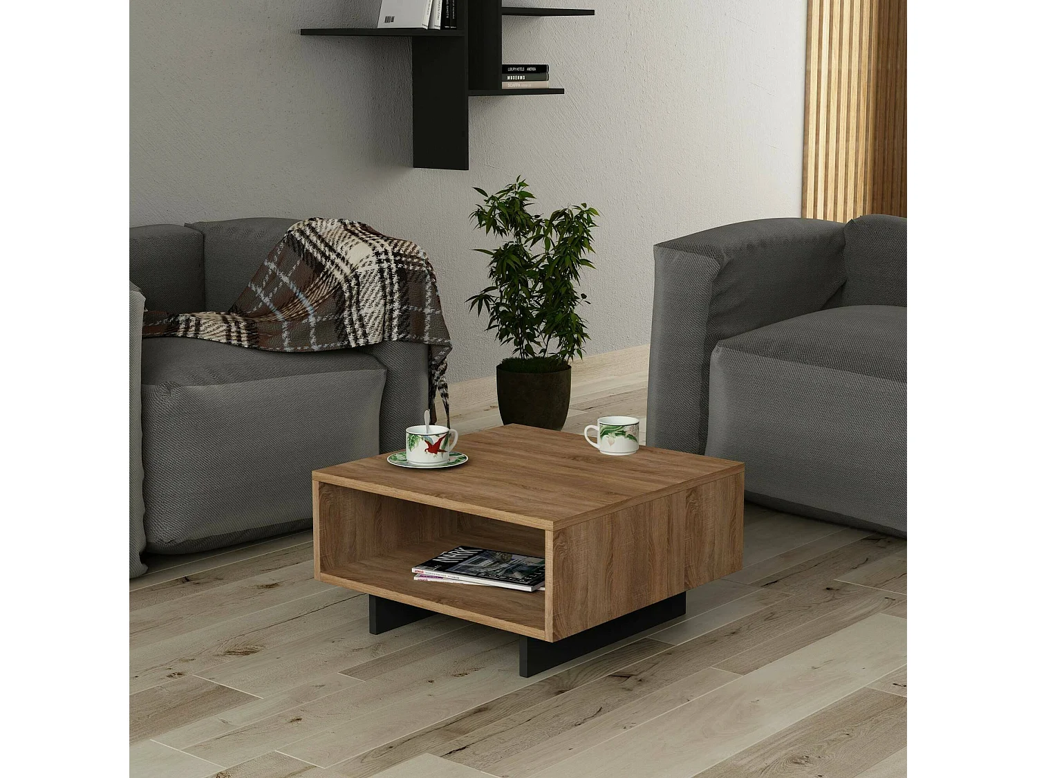 Table basse Hyadum, Table basse, Porte-revues pour canapé, Etagère de salon, 60x60h32 cm, Chêne et Anthracite