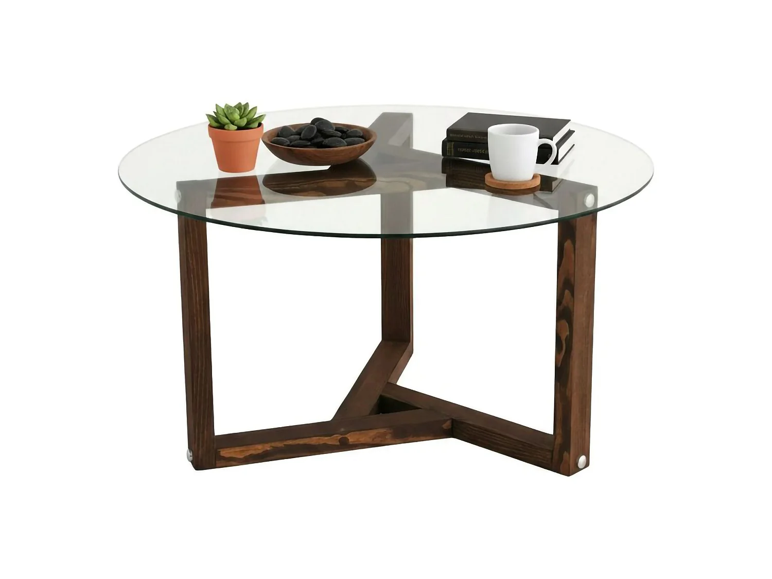 Salontafel Luigia, rookeffect, 75x75x40h cm grijs walnoot, ronde vorm, glazen frame