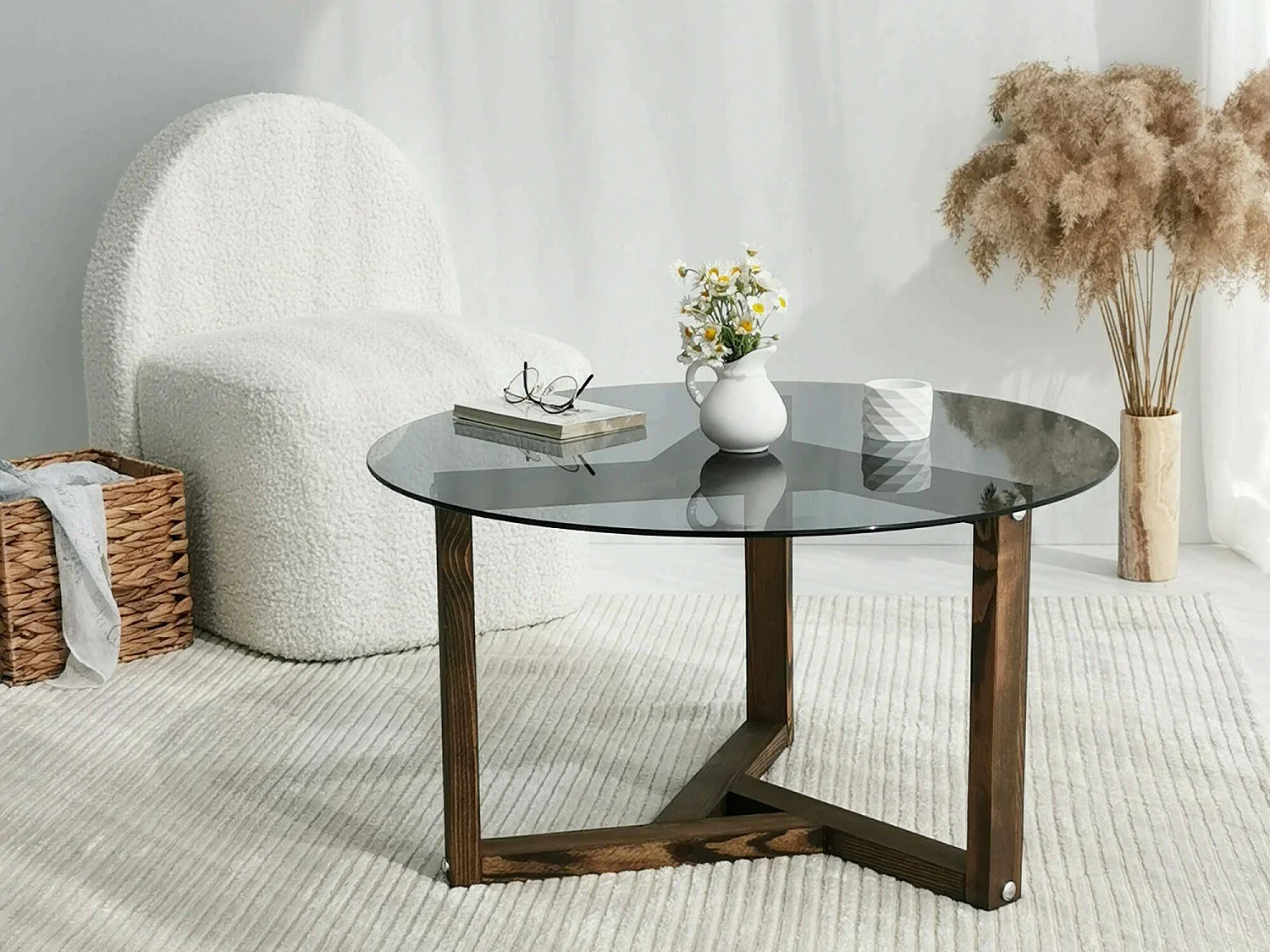 Salontafel Luigia, rookeffect, 75x75x40h cm grijs walnoot, ronde vorm, glazen frame