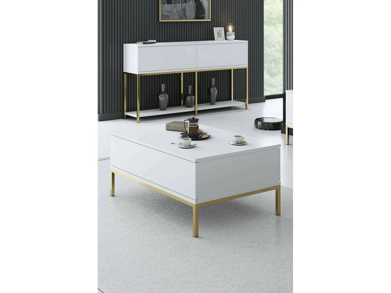 Mesa de centro Dfiamozz, Mesa baixa para café, Suporte para sofá, Prateleira para sala, 90x60h40 cm, Branco e Dourado