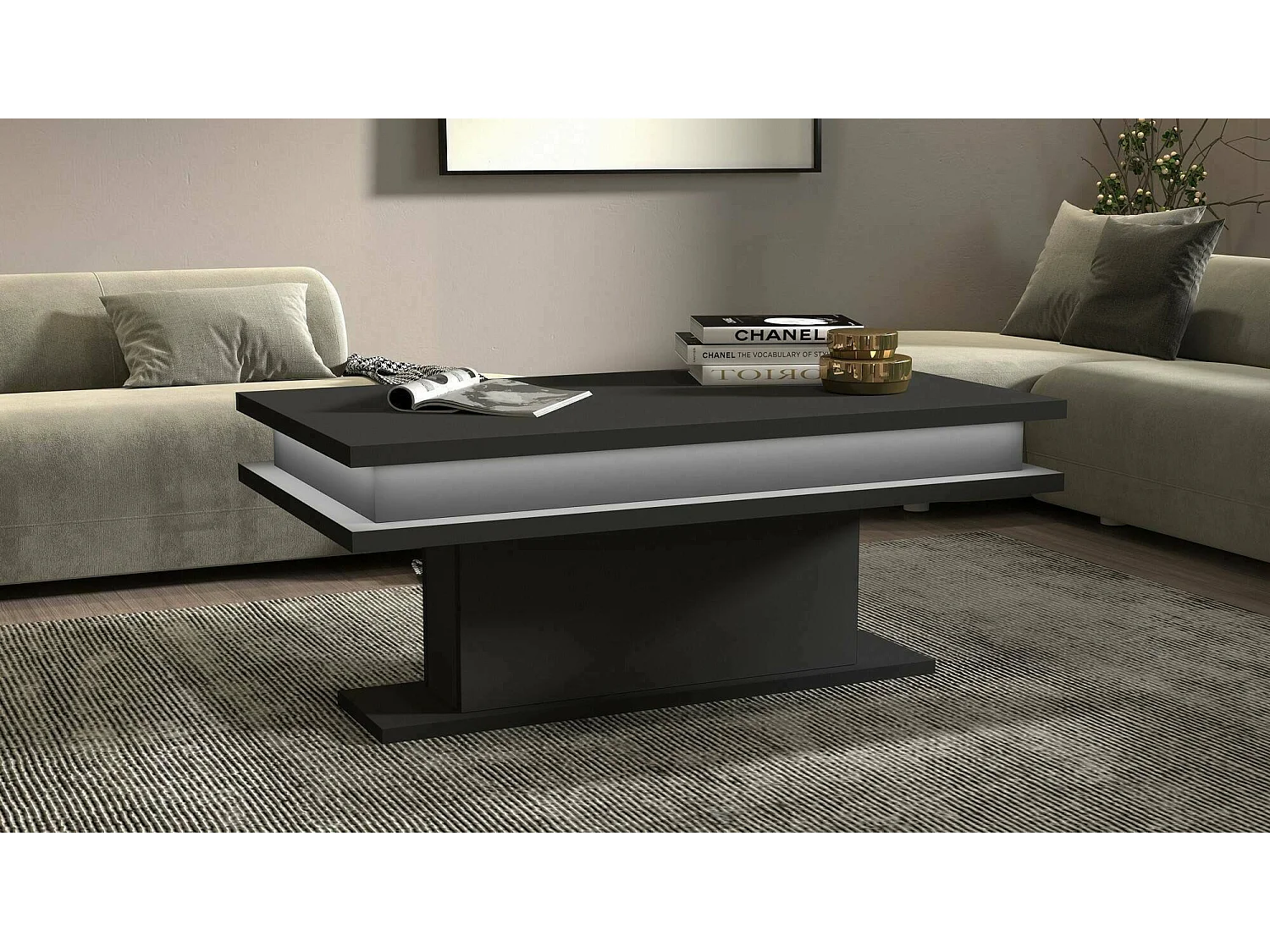 Table basse Léon, Table basse de salon, Meuble bas de rangement, Table basse, 100x55h42 cm, Anthracite avec lumière LED