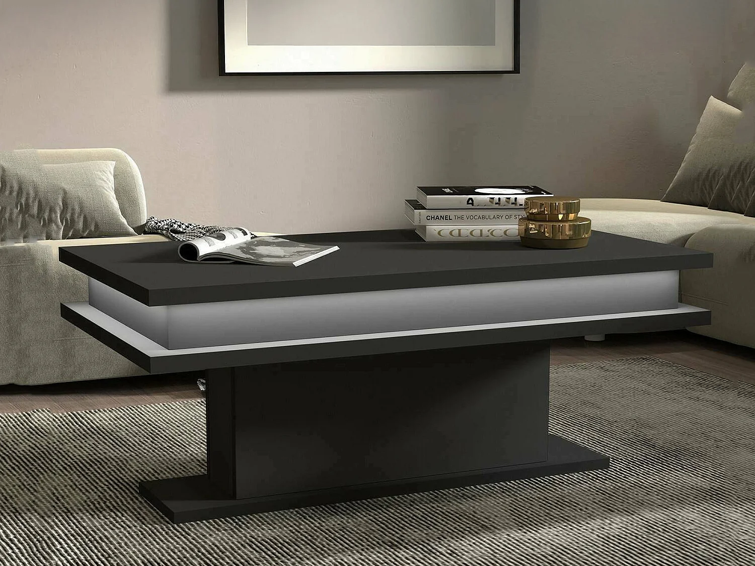 Table basse Léon, Table basse de salon, Meuble bas de rangement, Table basse, 100x55h42 cm, Anthracite avec lumière LED