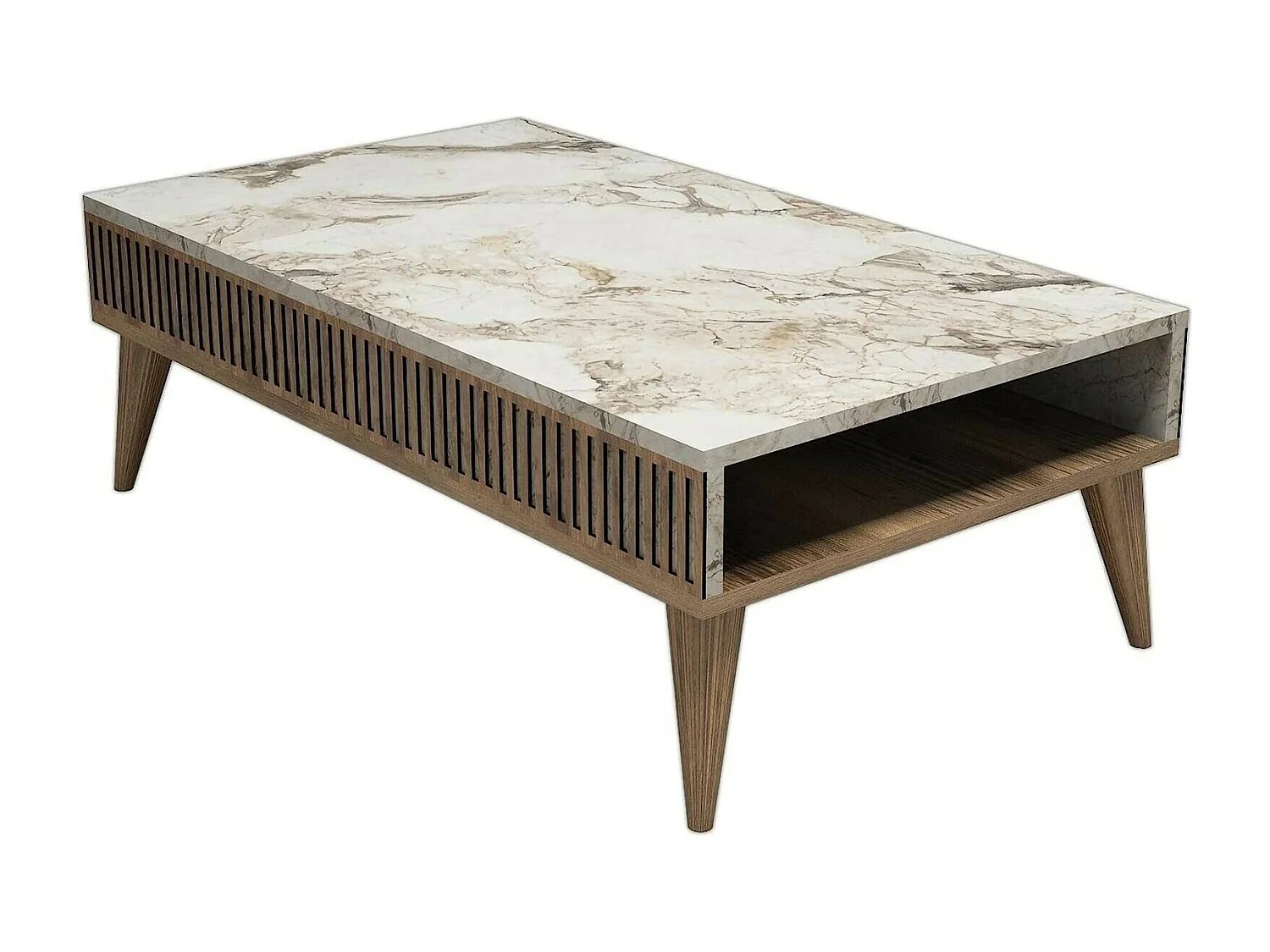 Table basse Capricorn, Table basse, Porte-revues pour canapé, Etagère de salon, 105x60h35 cm, Noyer et Blanc
