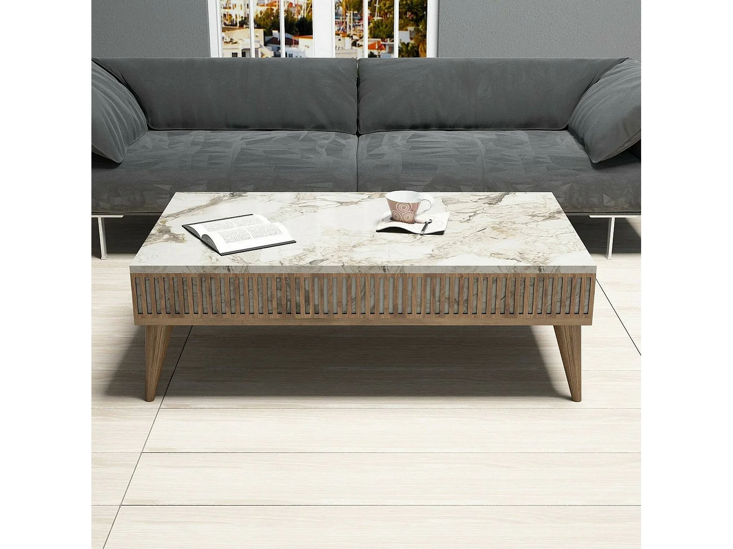 Dgiovinc Salontafel, Salontafel, Sofa Review Rack, Woonkamer Plank, 105x60h35 cm, Walnoot en Wit