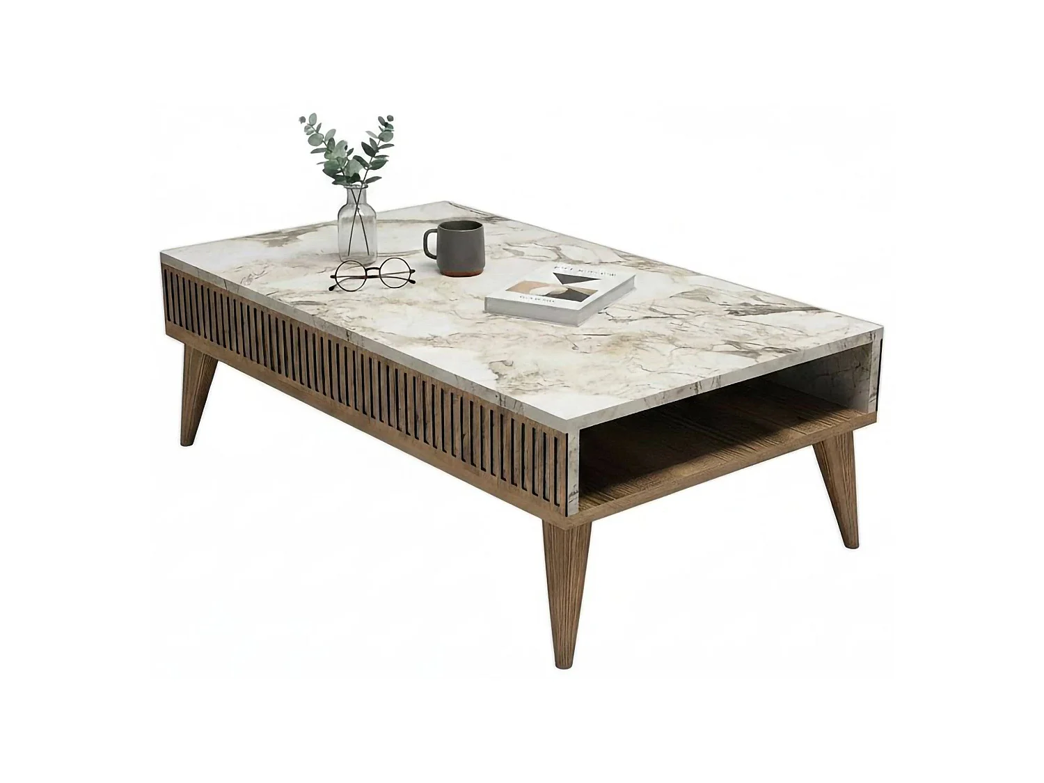 Table basse Capricorn, Table basse, Porte-revues pour canapé, Etagère de salon, 105x60h35 cm, Noyer et Blanc
