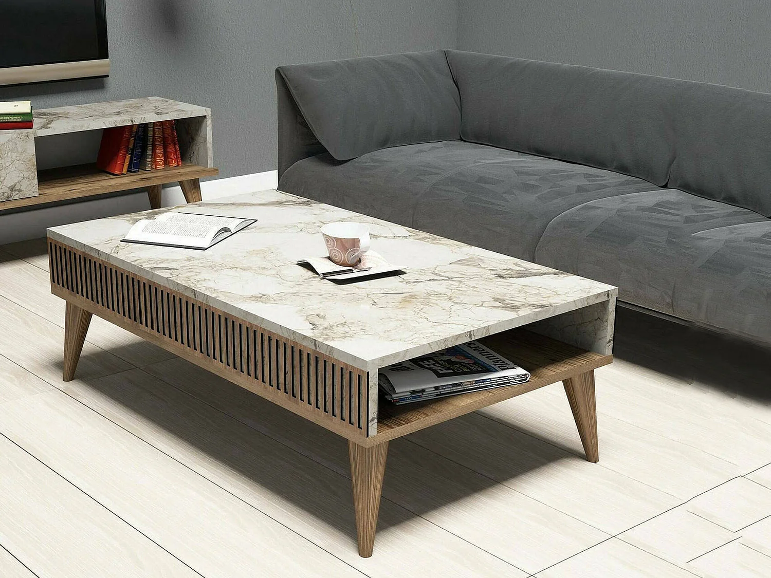 Table basse Capricorn, Table basse, Porte-revues pour canapé, Etagère de salon, 105x60h35 cm, Noyer et Blanc