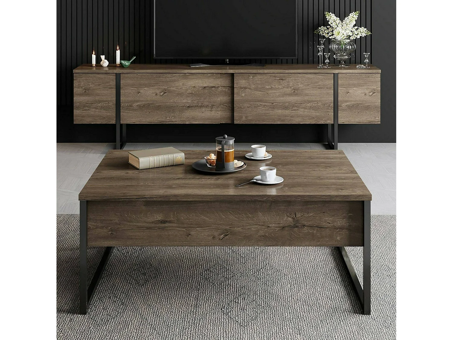 Dgiagnon-satchontafel, Koffietafel, Staaptafelhouder, Aanrecht, 90x60h40 cm, Walnoot en Zwart