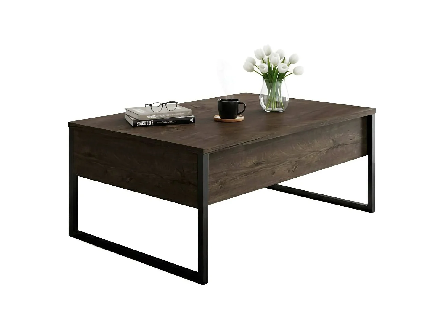 Table basse Canis, Table basse, Porte-revues pour canapé, Etagère de salon, 90x60h40 cm, Noyer et Noir