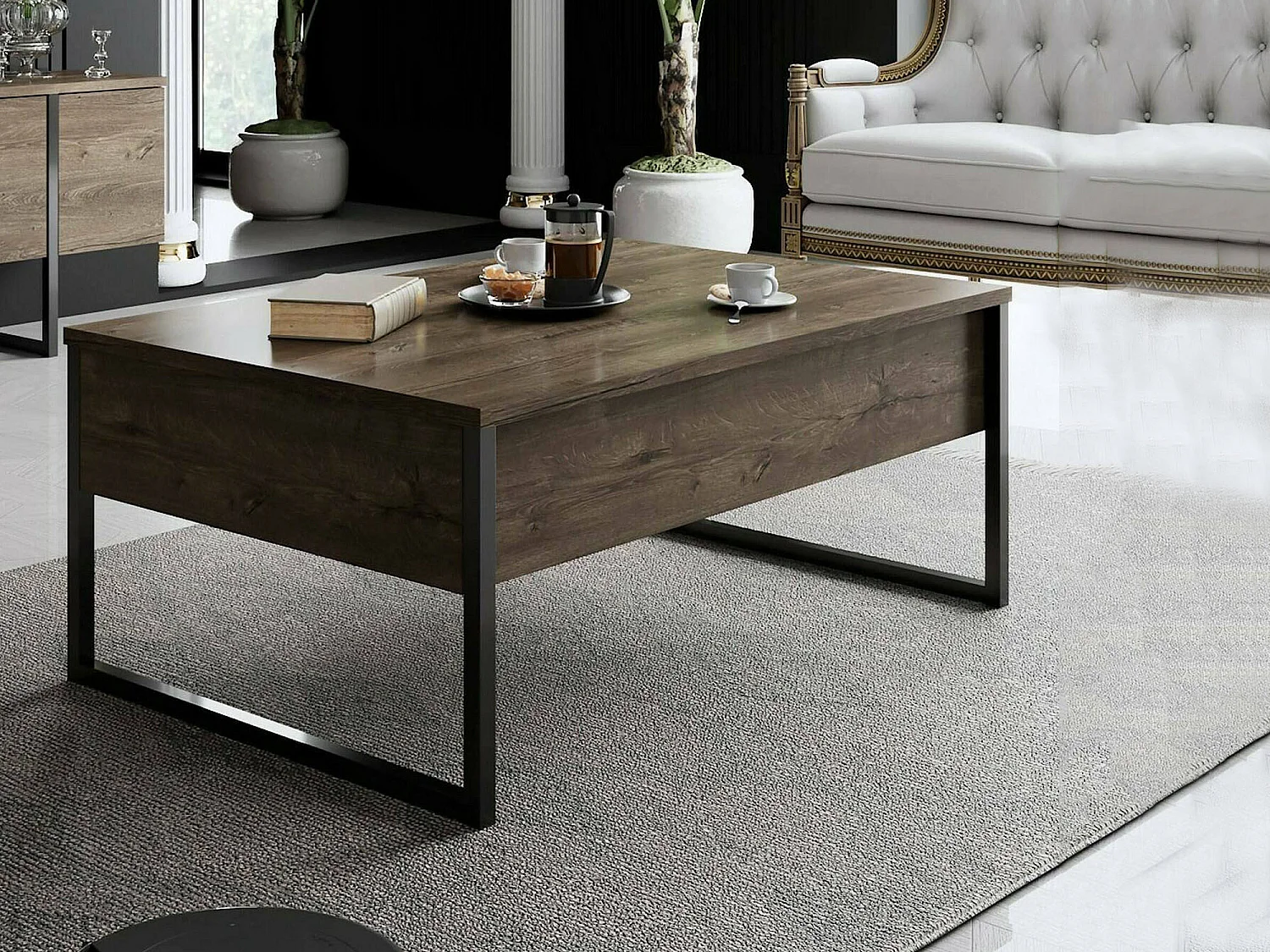 Table basse Canis, Table basse, Porte-revues pour canapé, Etagère de salon, 90x60h40 cm, Noyer et Noir