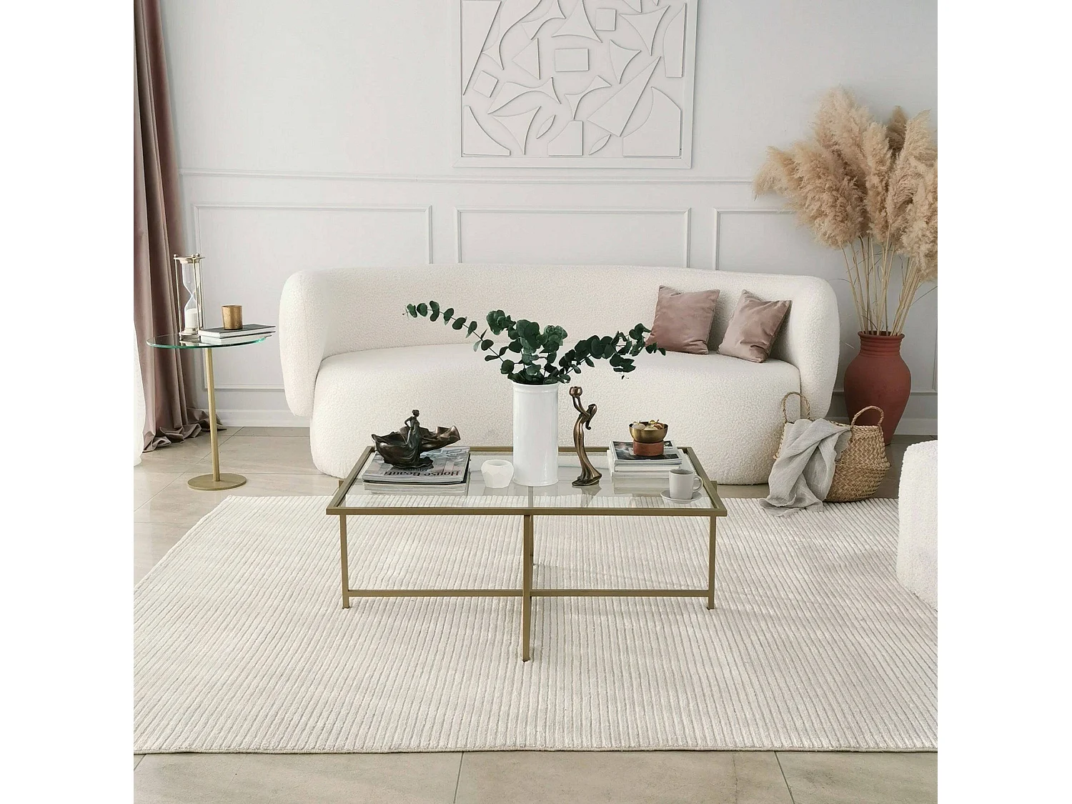 Mesa de café Dionit, Mesa baixa para café, Suporte para sofá, Prateleira para sala de estar, 94x64h35 cm, Ouro