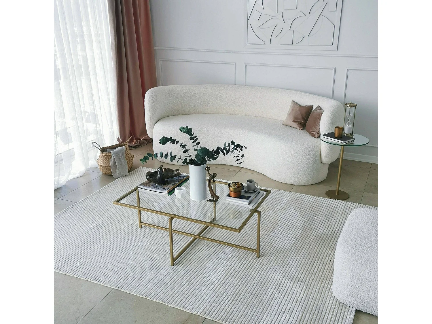 Mesa de café Dionit, Mesa baixa para café, Suporte para sofá, Prateleira para sala de estar, 94x64h35 cm, Ouro