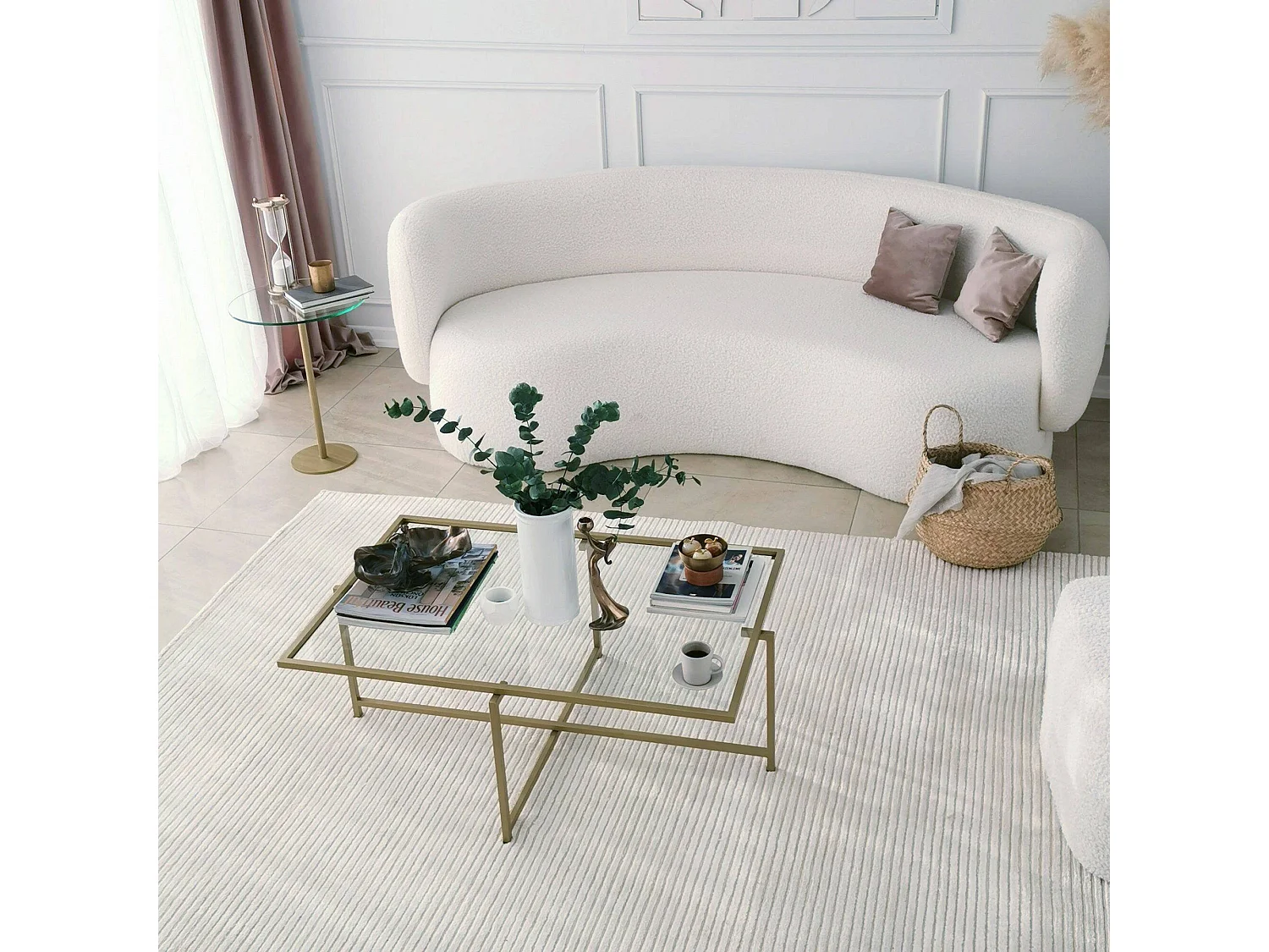 Mesa de café Dionit, Mesa baixa para café, Suporte para sofá, Prateleira para sala de estar, 94x64h35 cm, Ouro