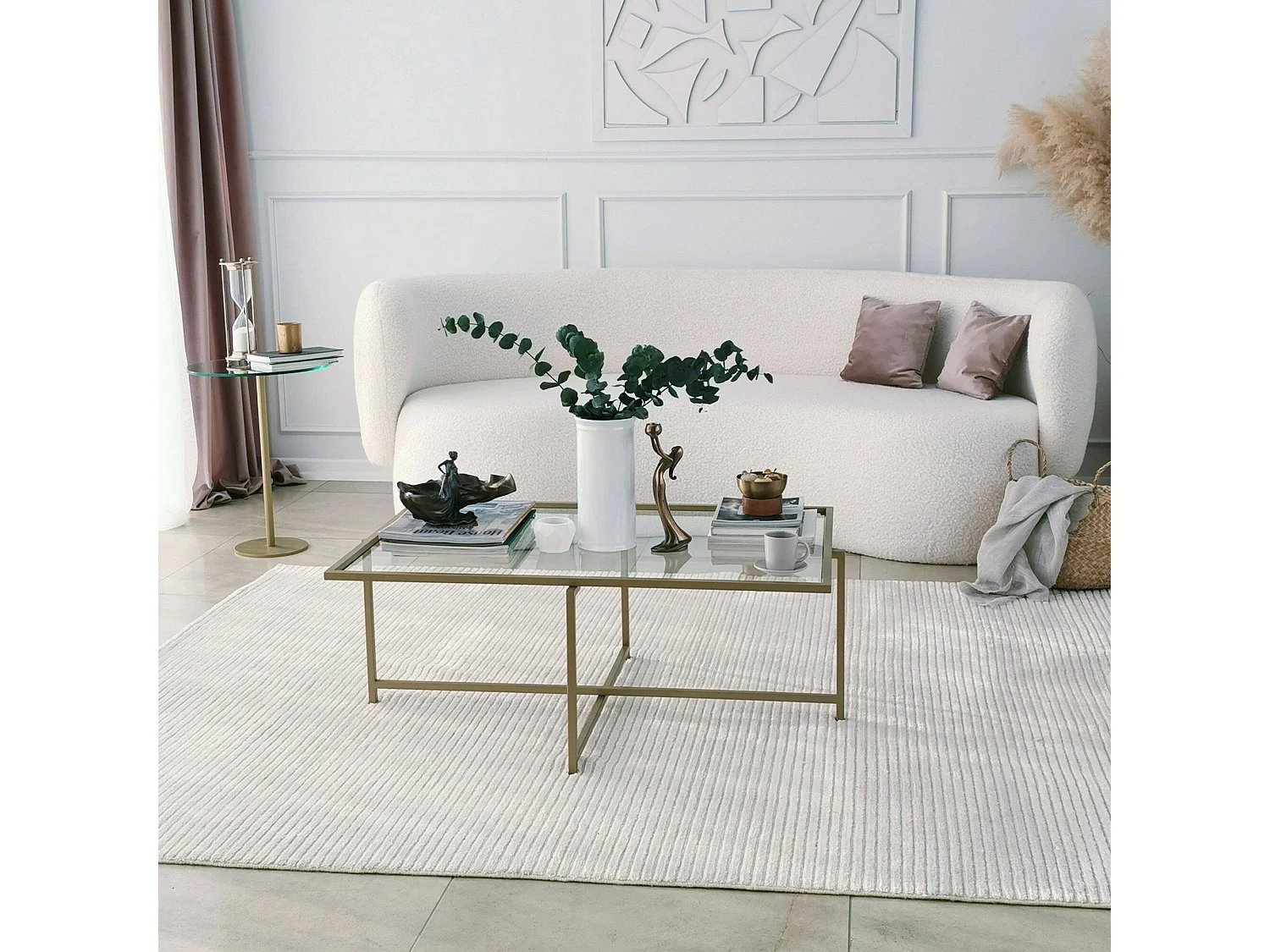 Mesa de café Dionit, Mesa baixa para café, Suporte para sofá, Prateleira para sala de estar, 94x64h35 cm, Ouro