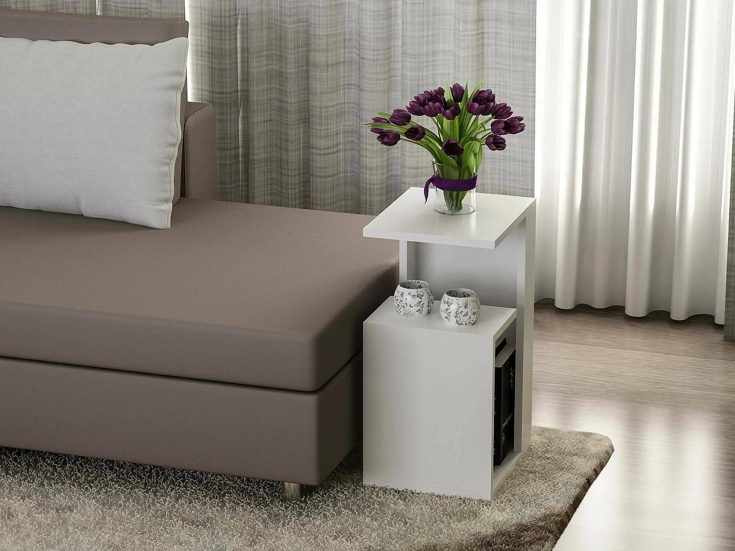 Table basse Kochab, Table basse, Porte-revues pour canapé, Etagère de salon, 35x30h60 cm, Blanc