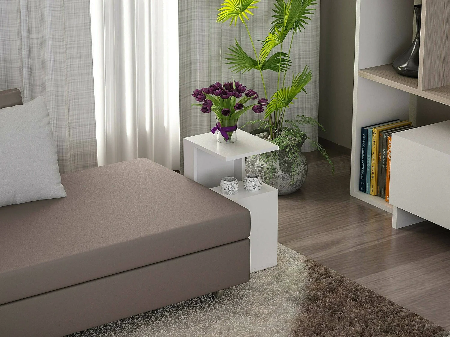 Table basse Kochab, Table basse, Porte-revues pour canapé, Etagère de salon, 35x30h60 cm, Blanc