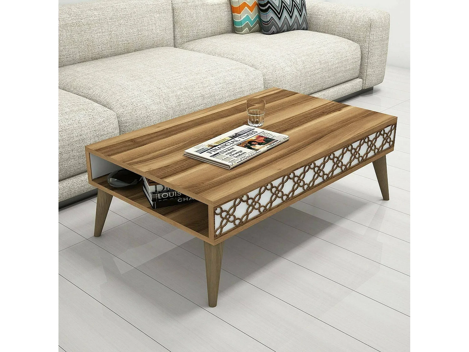 Table basse Scheat, Table basse, Porte-revues pour canapé, Etagère de salon, 105x60h37 cm, Noyer et Blanc