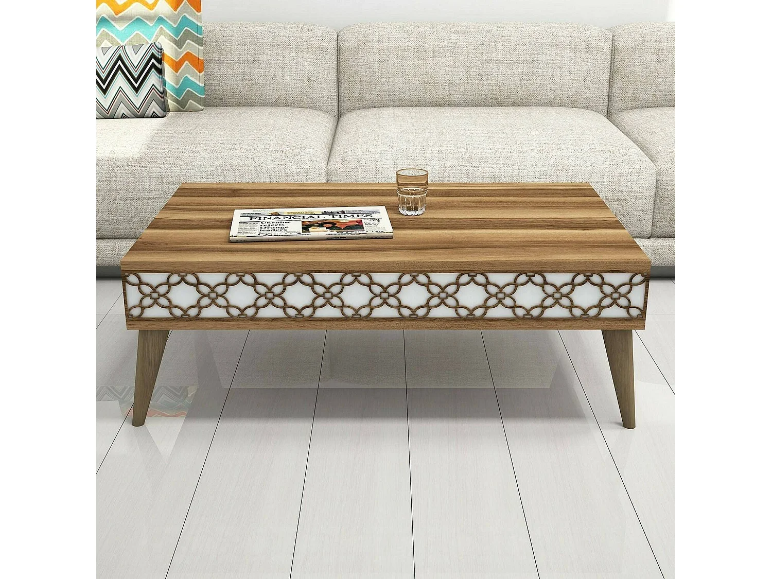 Table basse Scheat, Table basse, Porte-revues pour canapé, Etagère de salon, 105x60h37 cm, Noyer et Blanc