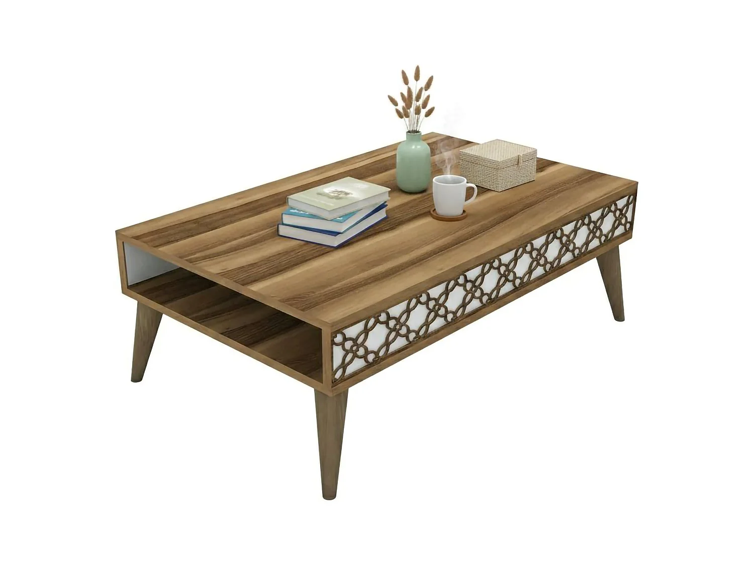 Mesa de café Dpiant, Mesa de centro baja, Revistero para sofá, Estante de la sala de estar, 105x60h37 cm, Nogal y Blanco