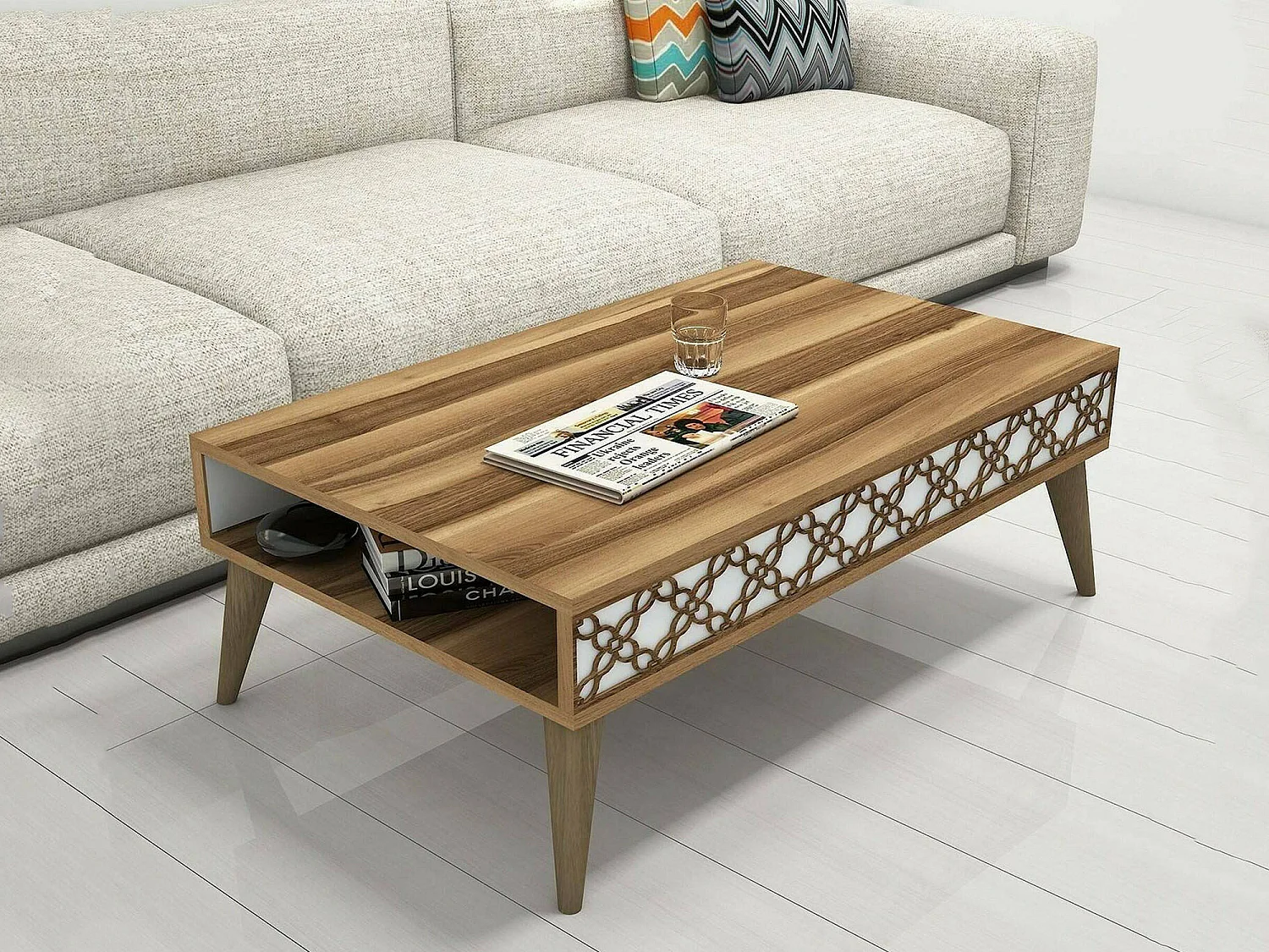 Mesa de café Dpiant, Mesa de centro baja, Revistero para sofá, Estante de la sala de estar, 105x60h37 cm, Nogal y Blanco