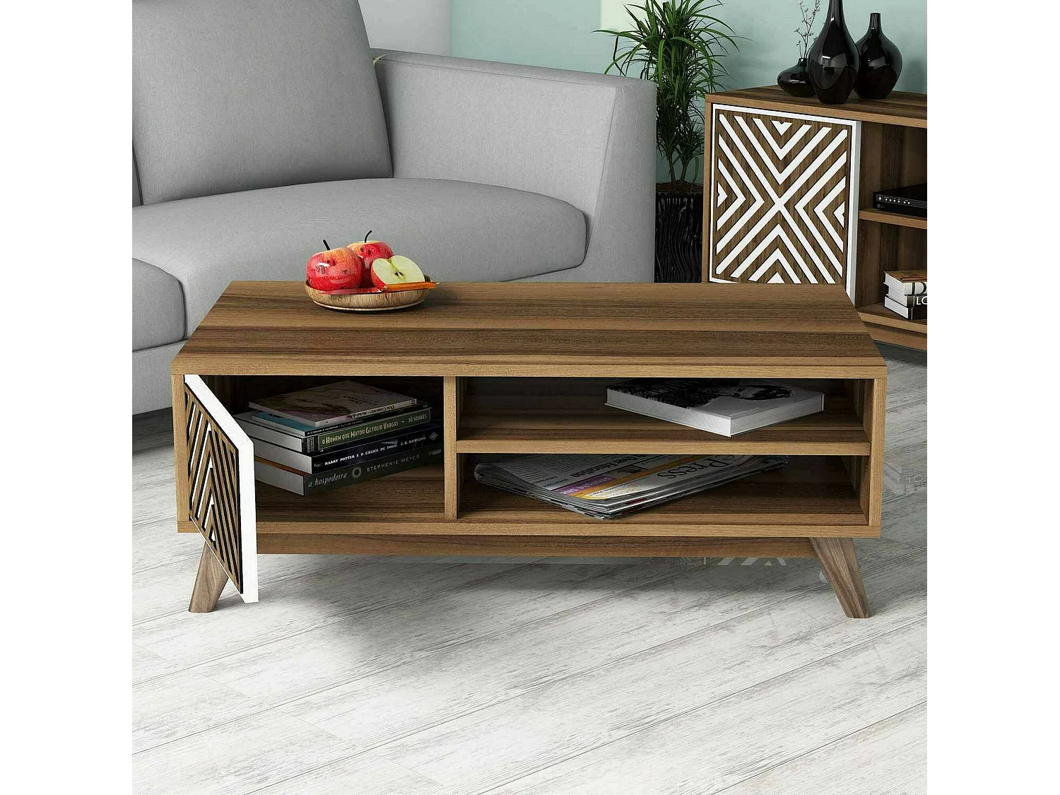 Mesa de café Dpratell, Mesa de café, Porta-revista para sofá, Prateleira de sala, 105x60h38 cm, Nogueira e Branco