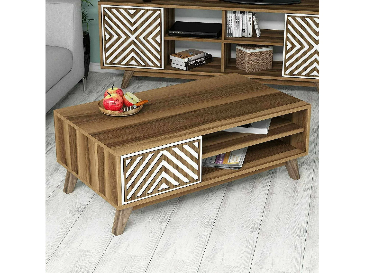 Wohnzimmertisch Dpratell, Niedriger Wohnzimmertisch, Kaffeeregal, Couchtisch für Sofa, 105x60h38 cm, Walnuss und WeiÃŸ