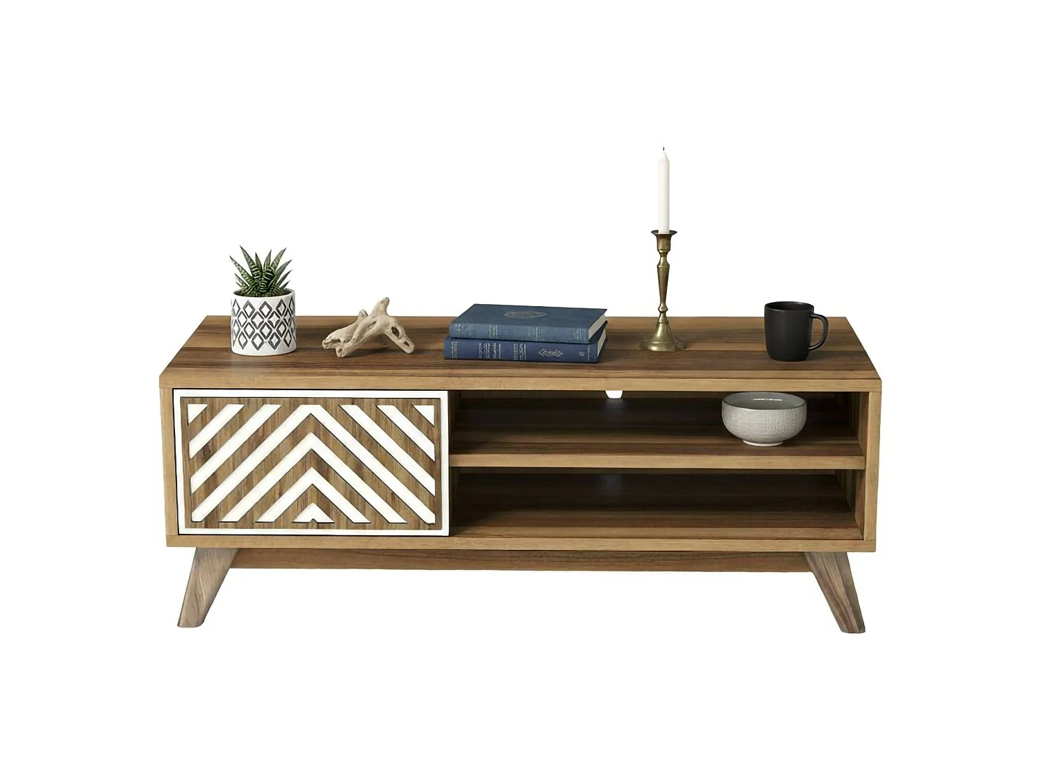 Table basse Markab, Table basse, Porte-revues pour canapé, Etagère de salon, 105x60h38 cm, Noyer et Blanc