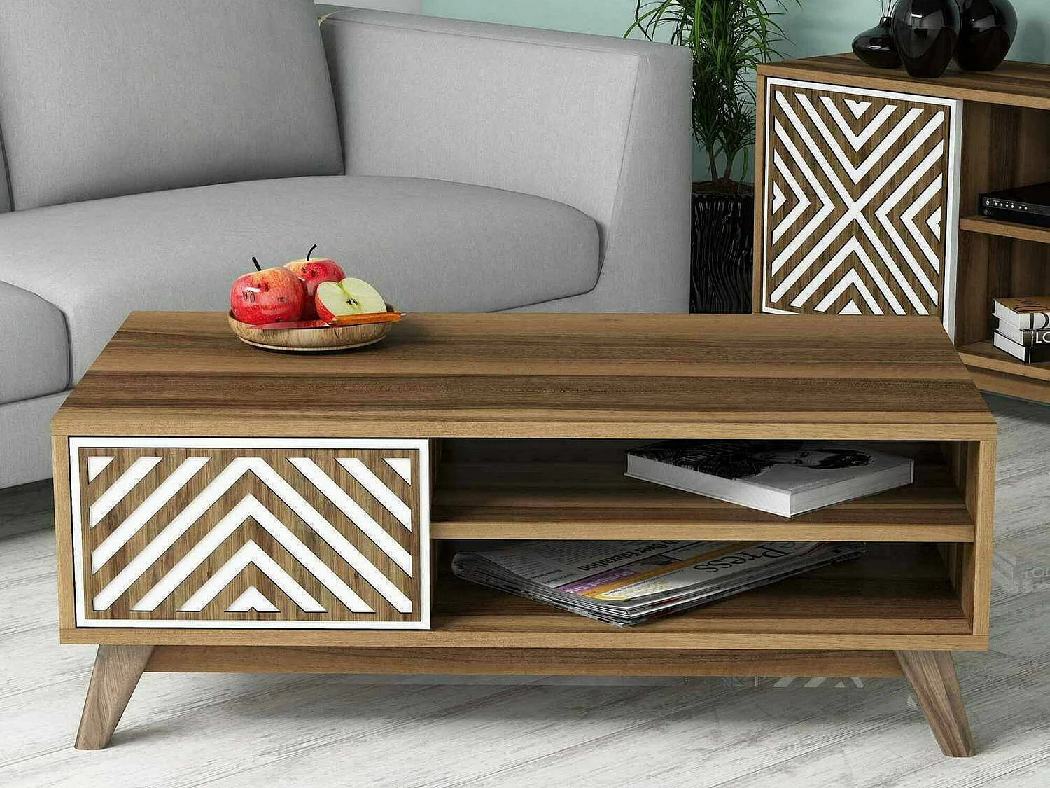 Table basse Markab, Table basse, Porte-revues pour canapé, Etagère de salon, 105x60h38 cm, Noyer et Blanc