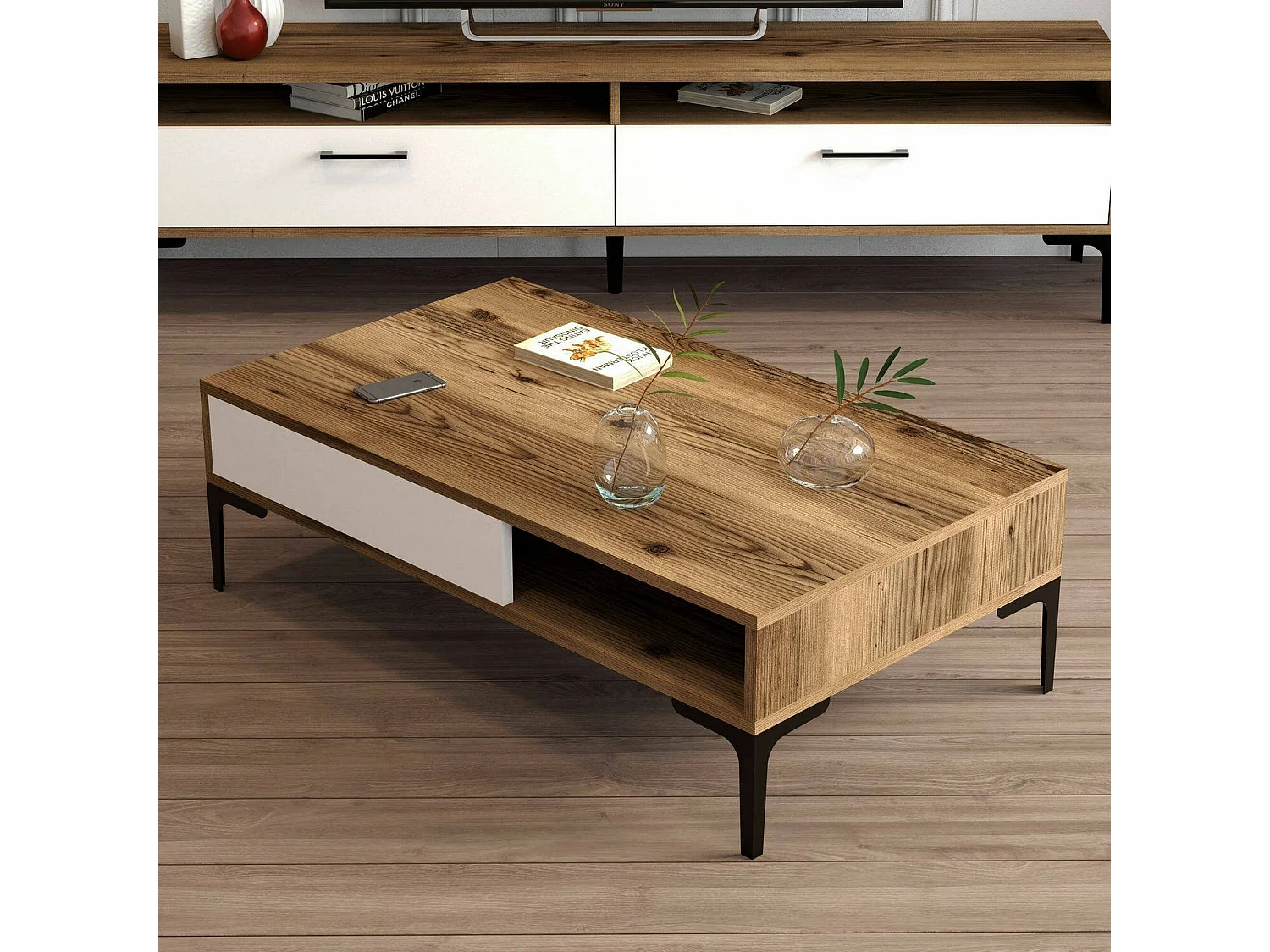 Mesa de estar Djagiell, Mesa de café, Suporte de revistas para sofá, Prateleira para sala de estar, 105x60h33 cm, Noz e Branco