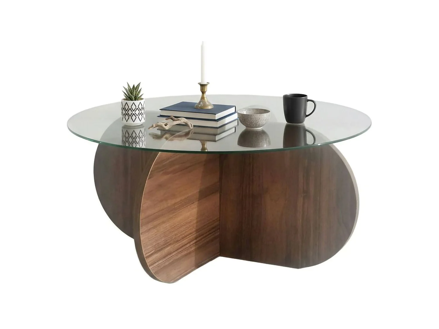Mesa de centro Nila, revistero, 75x75x35h cm marrón nogal, forma redonda, degradado de color, estructura nogal