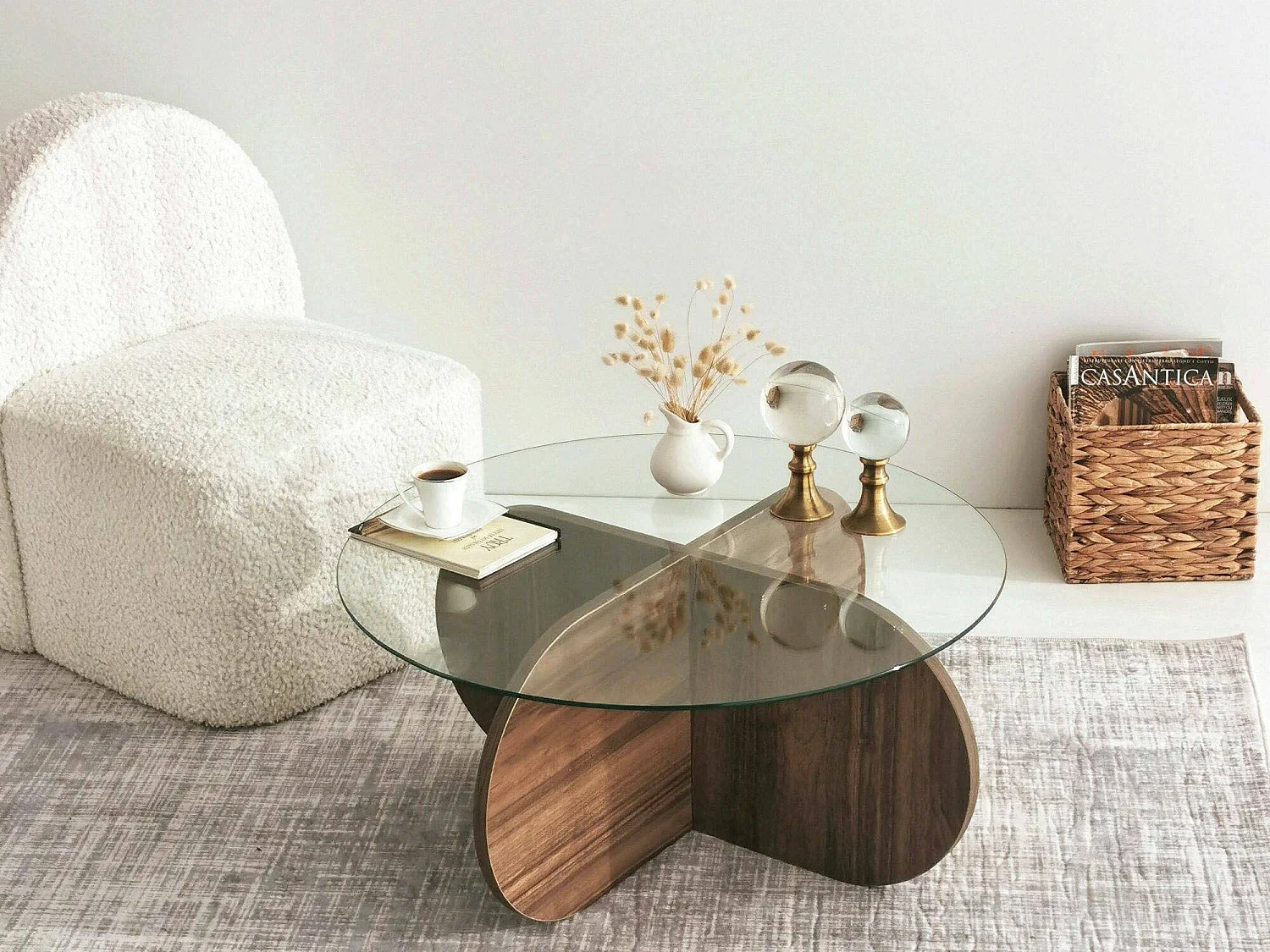 Mesa de centro Nila, revistero, 75x75x35h cm marrón nogal, forma redonda, degradado de color, estructura nogal
