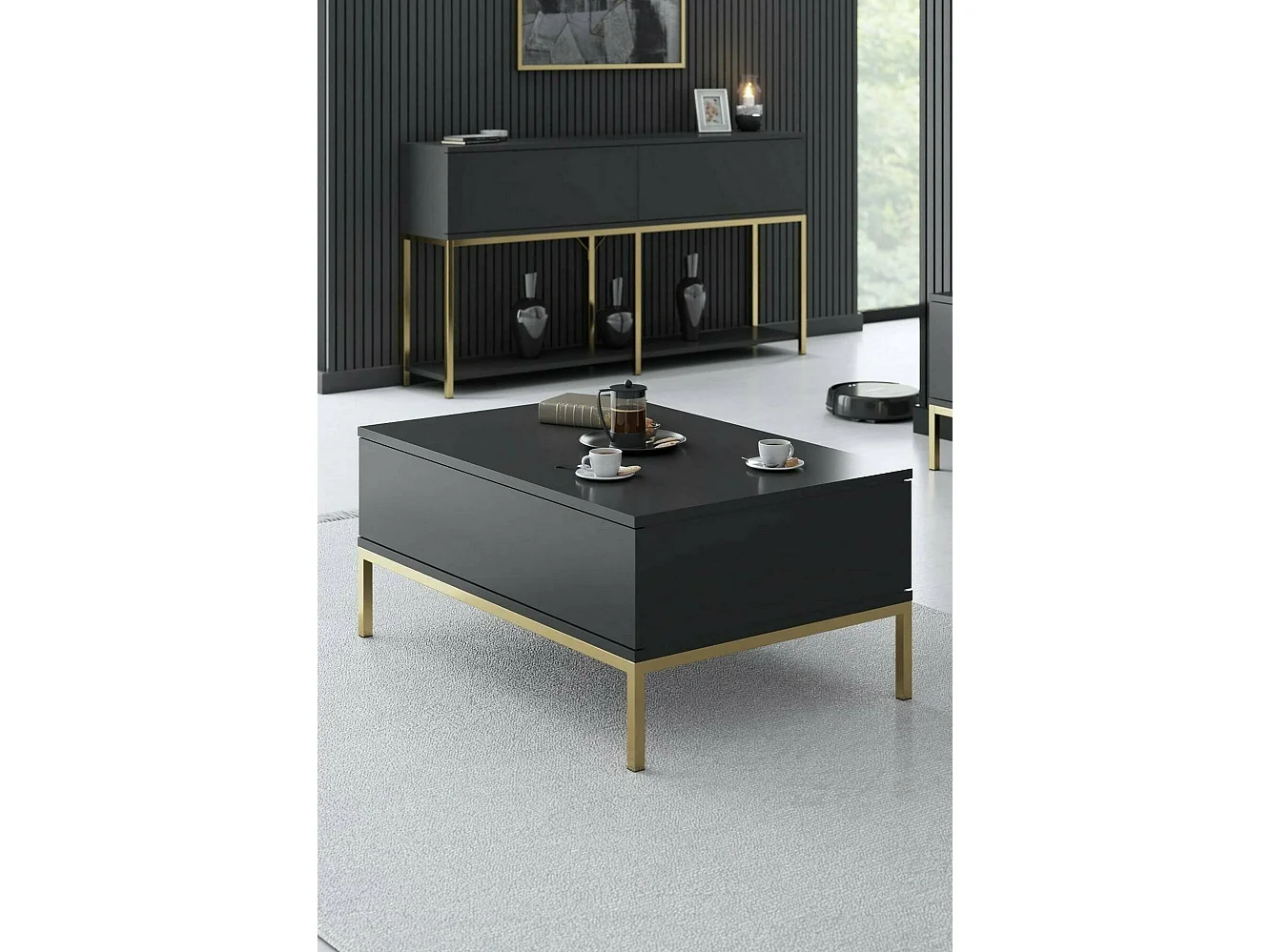 Dmora - Tavolino da salotto Vespero, 90x60h40 cm, Antracite e Oro