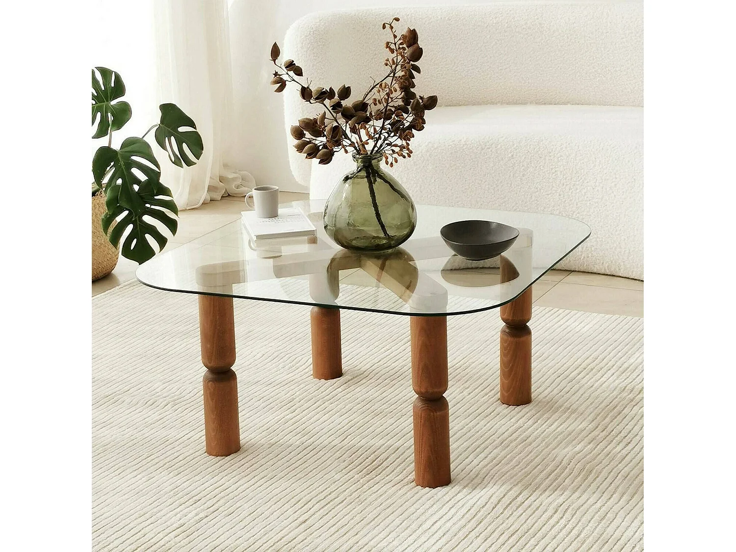 Mesa de café Dpervers, Mesa de centro baja, Revistero para sofá, Estante de la sala de estar, 80x80h40 cm, Nogal y Transparente