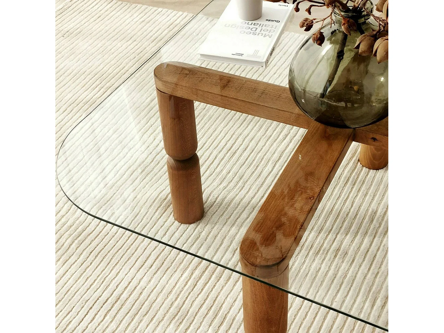 Mesa de café Dpervers, Mesa de centro baja, Revistero para sofá, Estante de la sala de estar, 80x80h40 cm, Nogal y Transparente