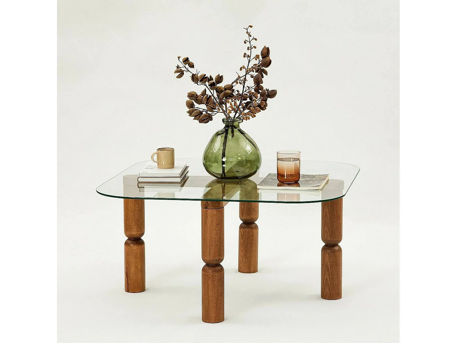 Mesa de café Dpervers, Mesa de café, Porta-revistas para sofásOu, Prateleira de sala, 80x80h40 cm, Noz e Transparente