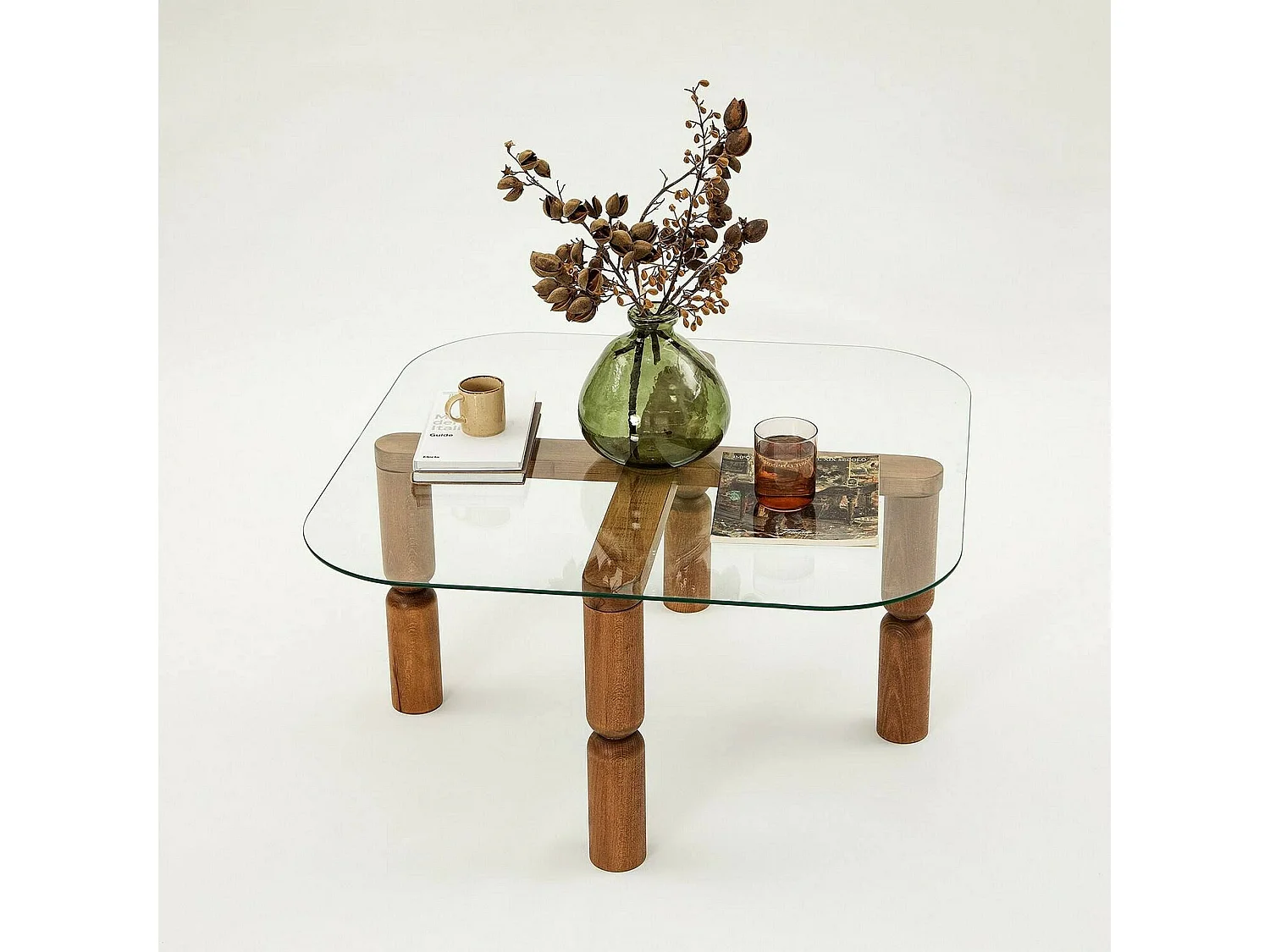 Mesa de café Dpervers, Mesa de café, Porta-revistas para sofásOu, Prateleira de sala, 80x80h40 cm, Noz e Transparente